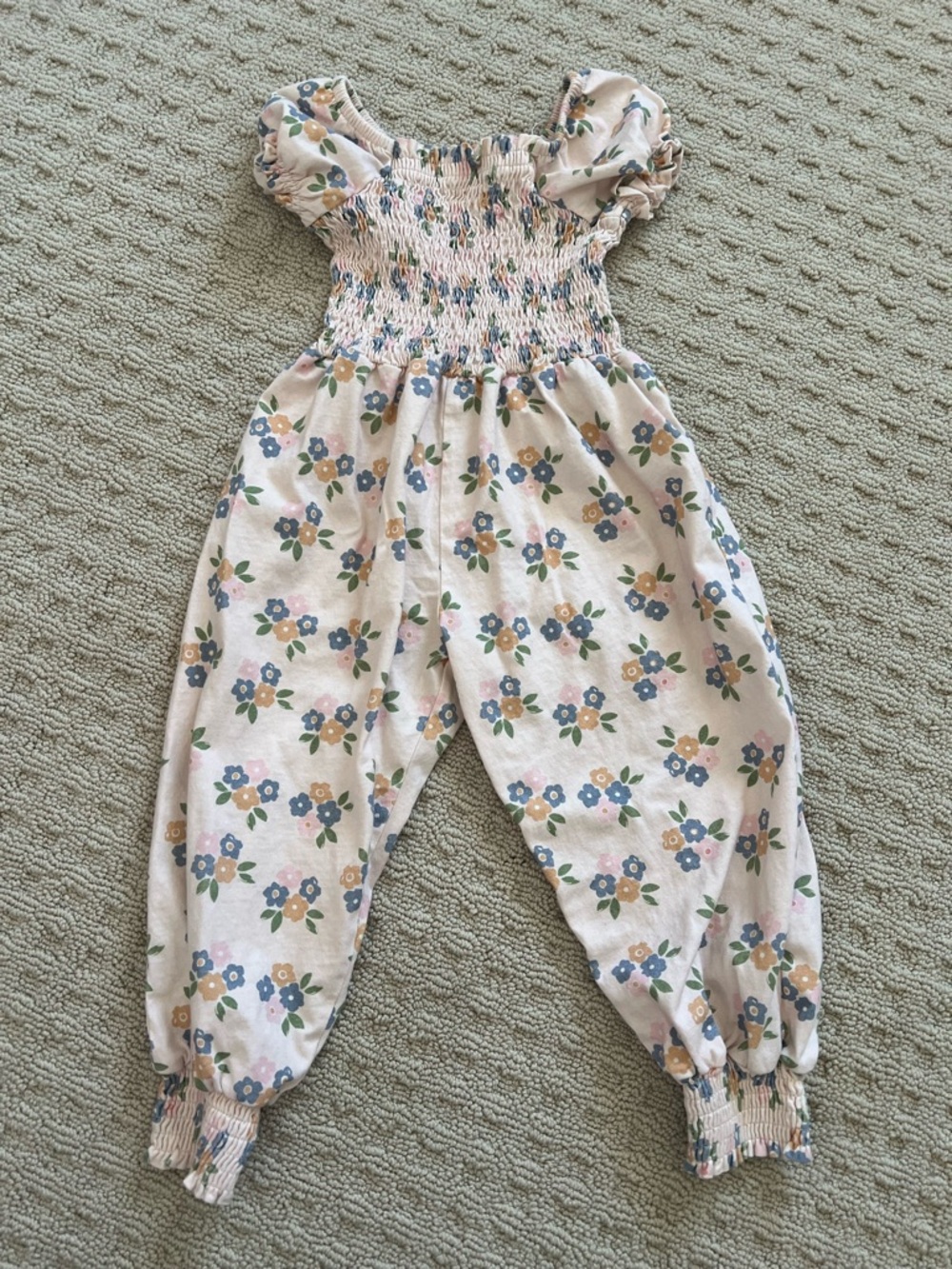 SweetHoney Floral Smocked Jumpsuit in White, Blue & Tan
